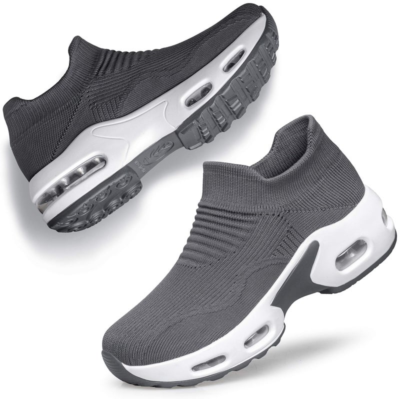 DOUSSPRT Walking Shoes for Women Slip on Sock Sneakers Lady Girls Nurse Mesh Air Cushion Platform Loafers Fashion Casual Grey US Size 9 9.5 - Image 1
